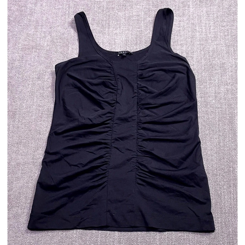 Theory Ruched Tank Top Womens Medium Black Scoop Neck Workout Yoga Wide Strap